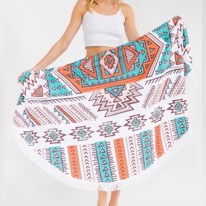 Beach Towel Round with White Fringe  - Aztec Print Festival, Beach or Picnic.